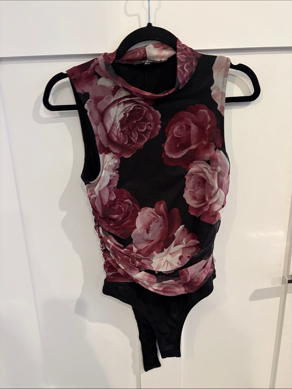 Lulu's Black Mesh Mock Neck Bodysuit with Burgundy Rose Print